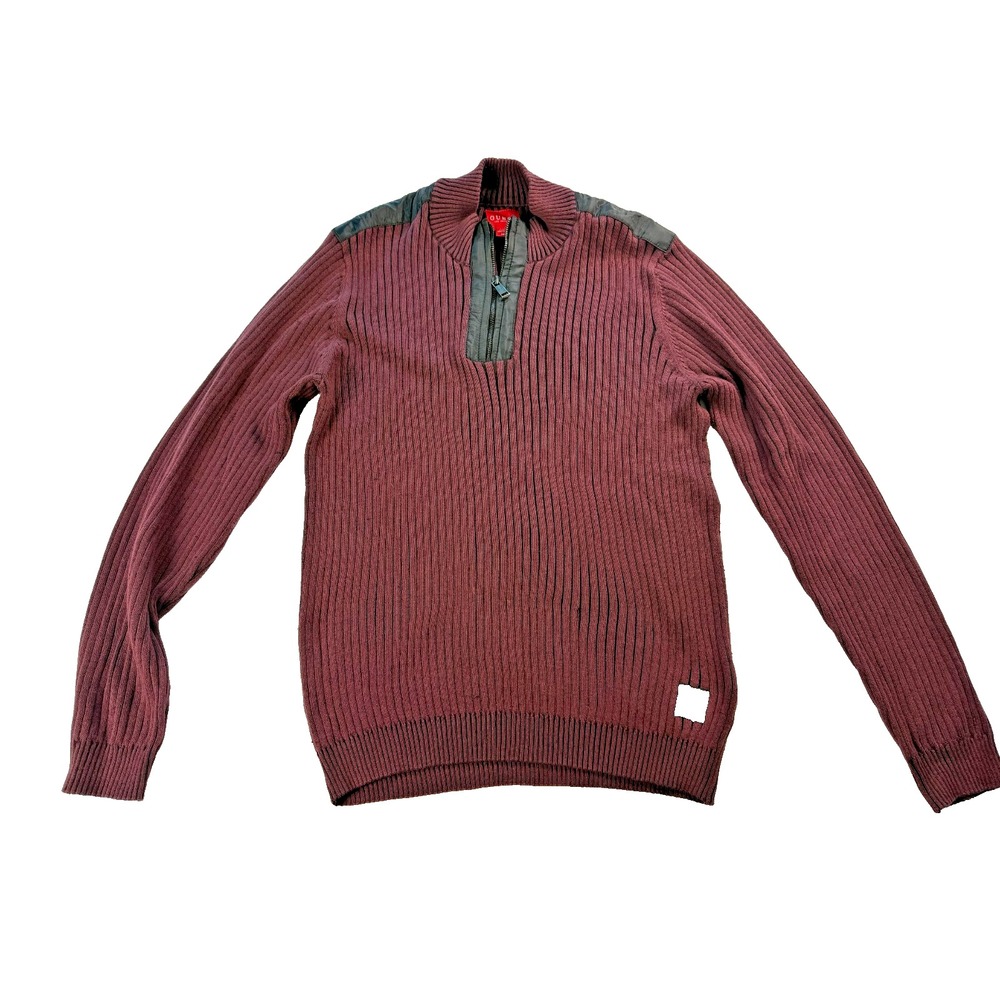 Guess Los Angeles Mens Medium Quarter Zip Ribbed Knit Sweater Burgundy Moto